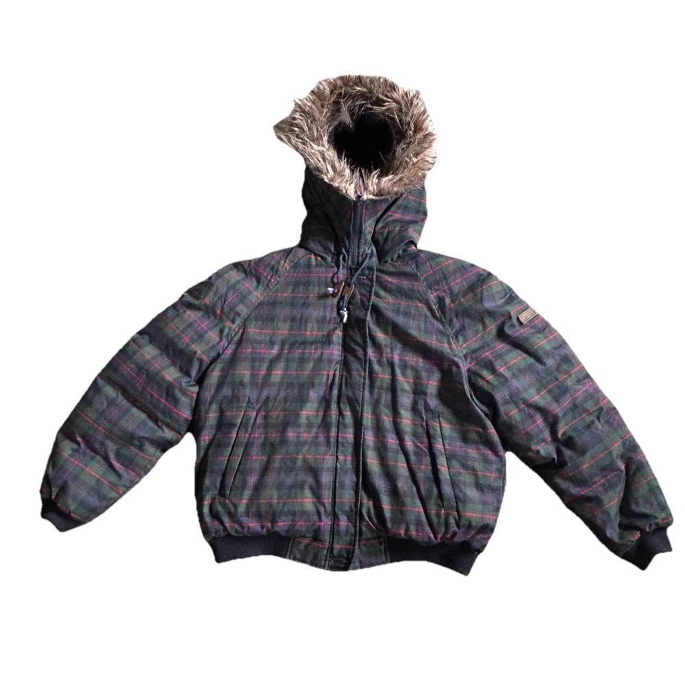 Lauren Ralph Lauren Plaid Tartan Puffer Bomber Jacket Faux Fur Hood Medium